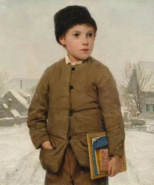 ALBERT ANKER — Schoolboy with fur hat in a snowy landscape. 1877. — Koller Auktionen