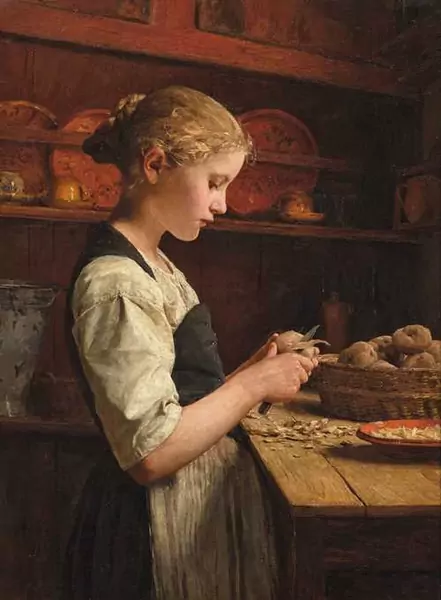 ALBERT ANKER — Kartoffelschälendes Mädchen (Girl peeling potatoes). 1886. — Koller Auktionen