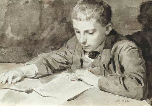 ALBERT ANKER — Recto: Reading boy. Grisaille watercolour on paper. — Koller Auktionen