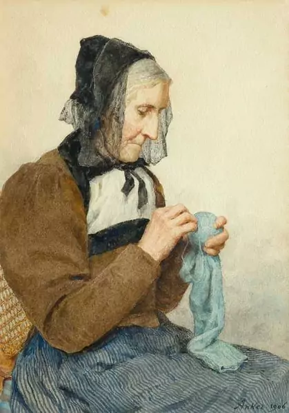 ALBERT ANKER — Sitzende Frau beim Nähen. 1906. — Koller Auktionen