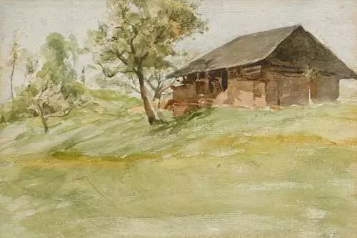 ALBERT ANKER — Wiese mit Bäumen und Stall. — Koller Auktionen