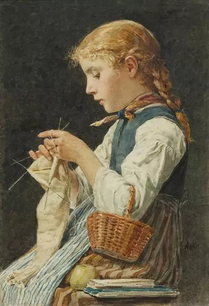 ANKER, ALBERT — Girl knitting. Circa 1886. — Koller Auktionen