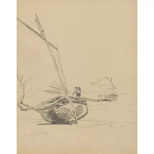 Albert Anker — Zwei Segelboote am Strand.