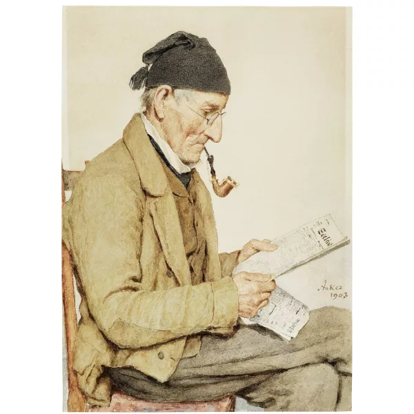 Albert Anker — Bauer mit Pfeife beim Lesen des Seeländer Boten