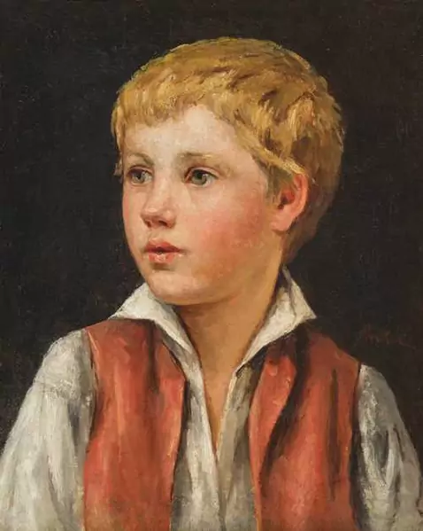ALBERT ANKER — Boy with a red waistcoat (Albert Charles Gaschen). 1885. — Koller Auktionen