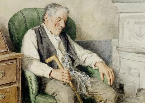 ALBERT ANKER — Schlafender Alter am Kachelofen. — Koller Auktionen