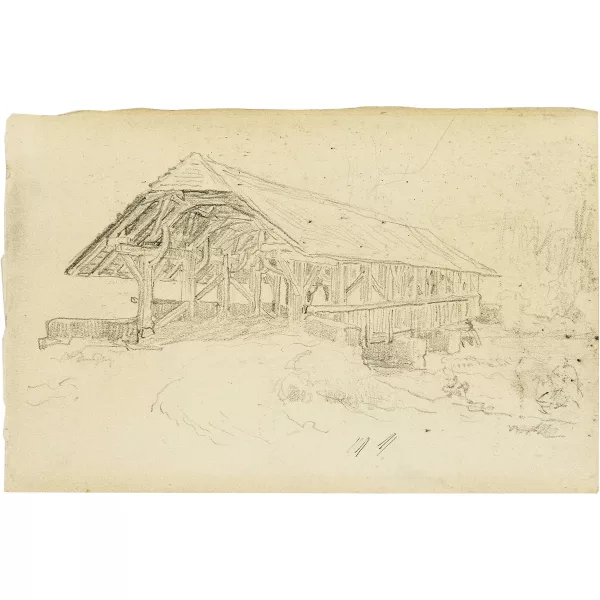 Albert Anker — Holzbrücke, wohl über die Emme