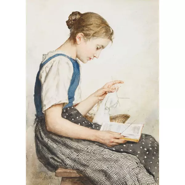 Strickendes Mädchen beim Lesen