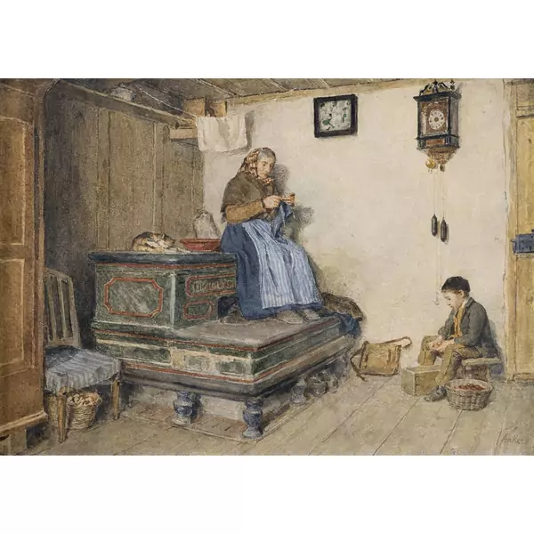 Traute Familienszene am Kachelofen