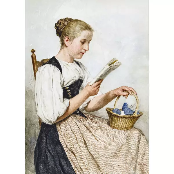 "Lesendes Mädchen, mit Korb und Strickzeug"