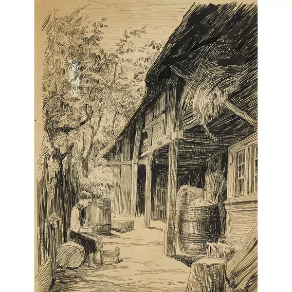 Mädchen vor einem Bauernhaus