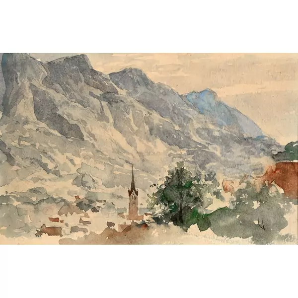 Berglandschaft mit Dorf und Kirche
