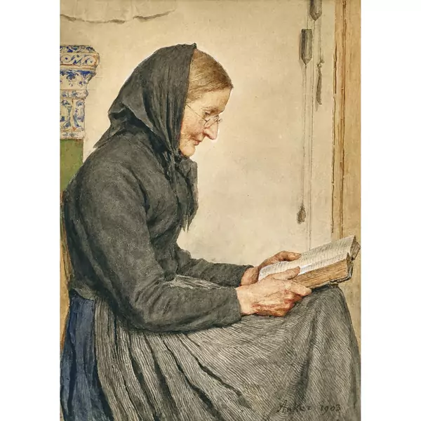 Lesende Frau am Kachelofen