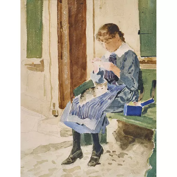 "Vor dem Anker-Haus: Cécile Anker mit Katze"