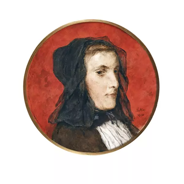 "Mädchen mit schwarzer Haube, vor rotem Grund"