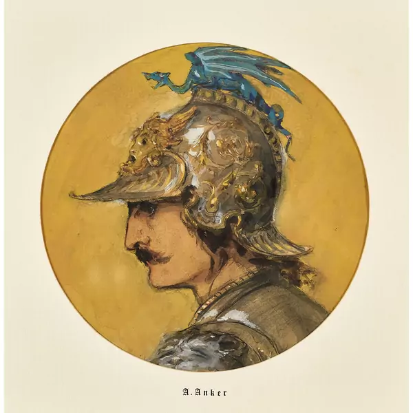 Kopfbildnis eines Kriegers mit drachenbesetztem Helm