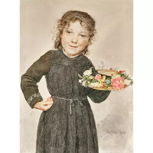 Mädchen mit blumengeschmücktem Strohhut