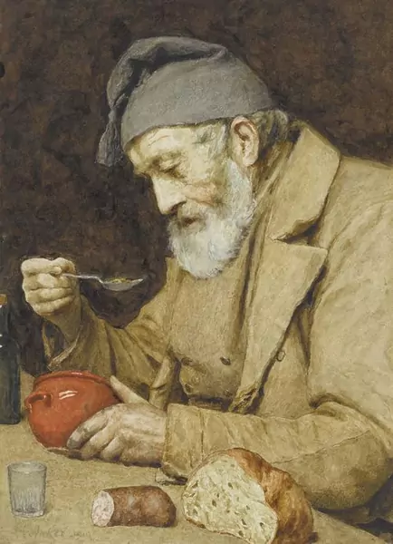 ALBERT ANKER — Alter Mann Suppe essend. 1910. — Koller Auktionen