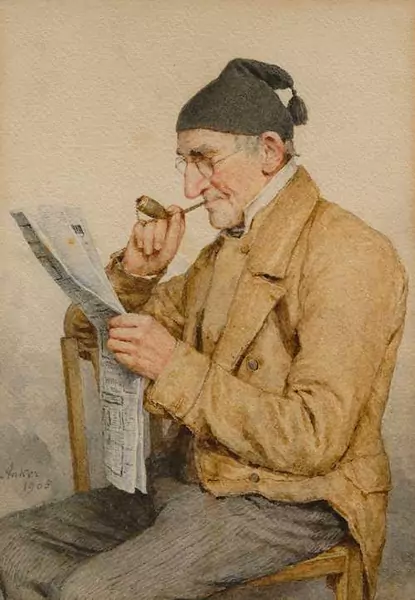 ALBERT ANKER — A peasant reading a newspaper. 1905. — Koller Auktionen