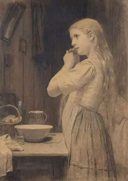 ALBERT ANKER — Mädchen beim Zöpfe flechten. 1887. — Koller Auktionen
