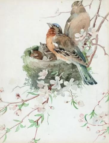 Vogelpaar mit drei Jungen, 1874