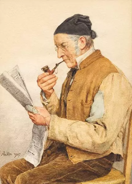 ALBERT ANKER — Grandfather reading the newspaper. 1907. — Koller Auktionen