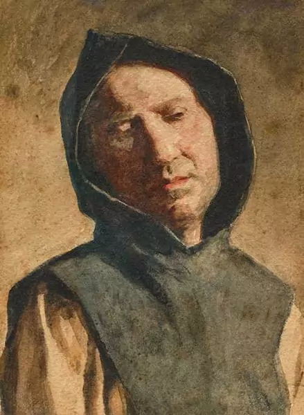 ALBERT ANKER — Head and shoulders portrait of a monk in a black cowl. — Koller Auktionen
