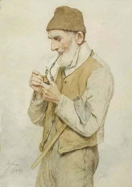 ALBERT ANKER — Bärtiger Mann mit einer Pfeife. — Koller Auktionen