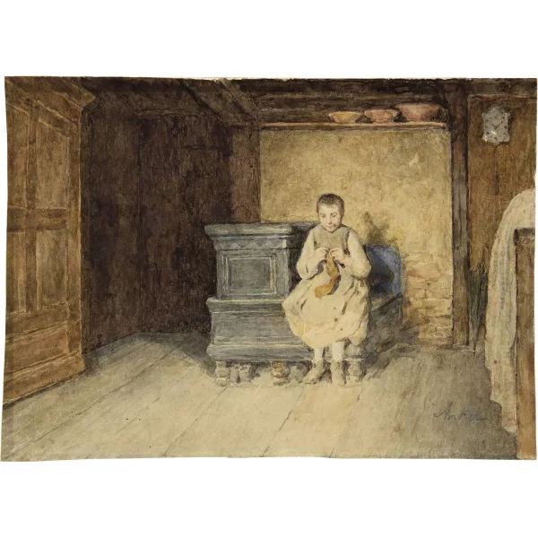 Albert Anker — Strickendes Mädchen auf Ofenbank in einer Bauernstube