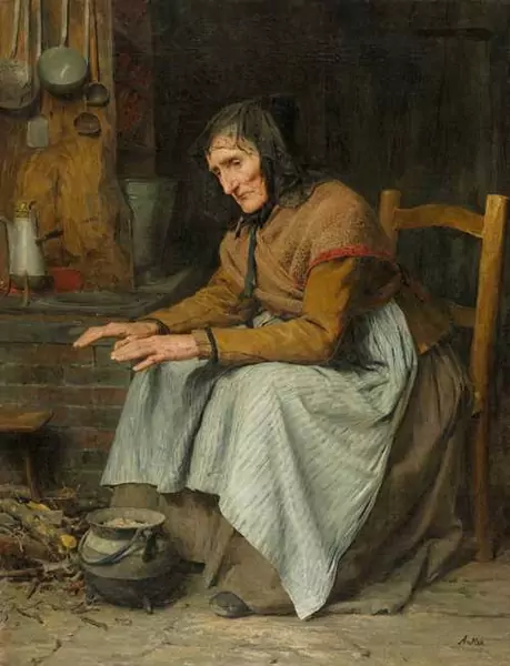 ALBERT ANKER — Hohes Alter II (alte Frau sich aufwärmend). Um 1885. — Koller Auktionen