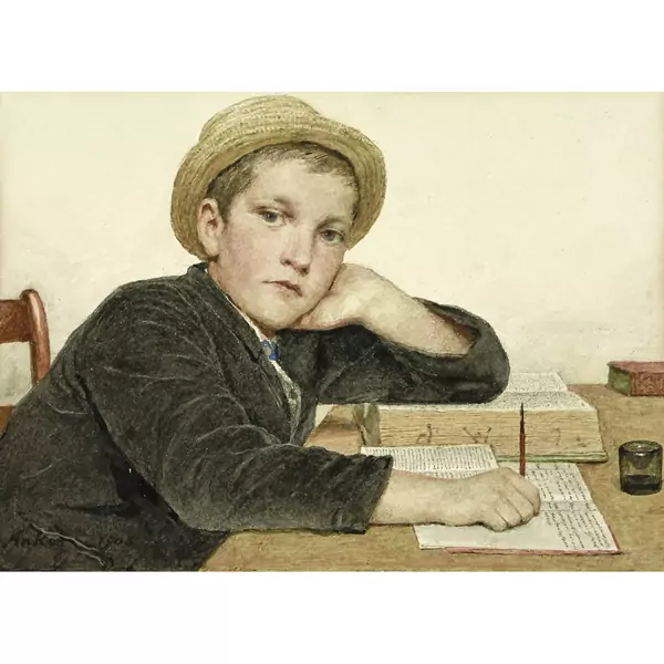 Albert Anker — Knabe mit Strohhut, bei den Hausaufgaben — Galerie Kornfeld