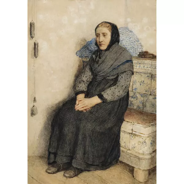 Albert Anker — Bäuerin auf der Ofenbank — Galerie Kornfeld