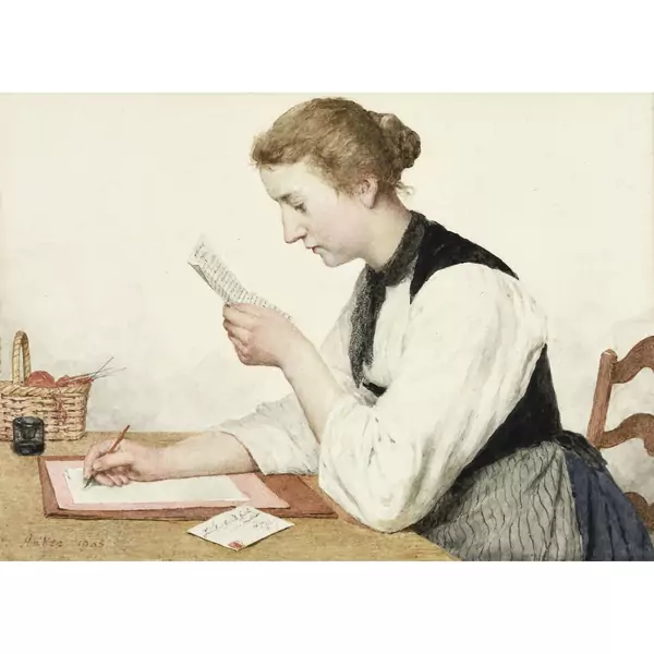 Albert Anker — Seeländer Bäuerin, einen Brief lesend und beantwortend — Galerie Kornfeld