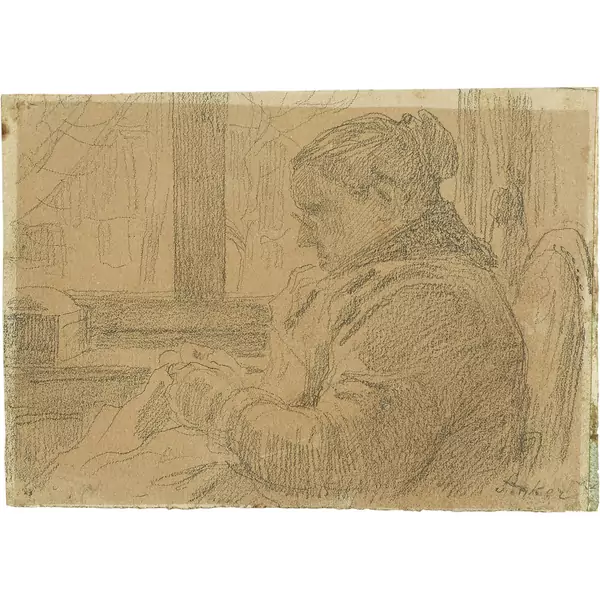 Albert Anker — Sitzende Bäuerin beim Nähen — Galerie Kornfeld