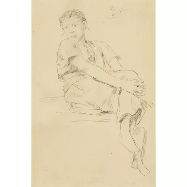 Albert Anker — Sitzendes Mädchen, das Knie haltend (recto) - Zwei sitzende Mädchen, die Knie haltend (verso) — Galerie Kornfeld
