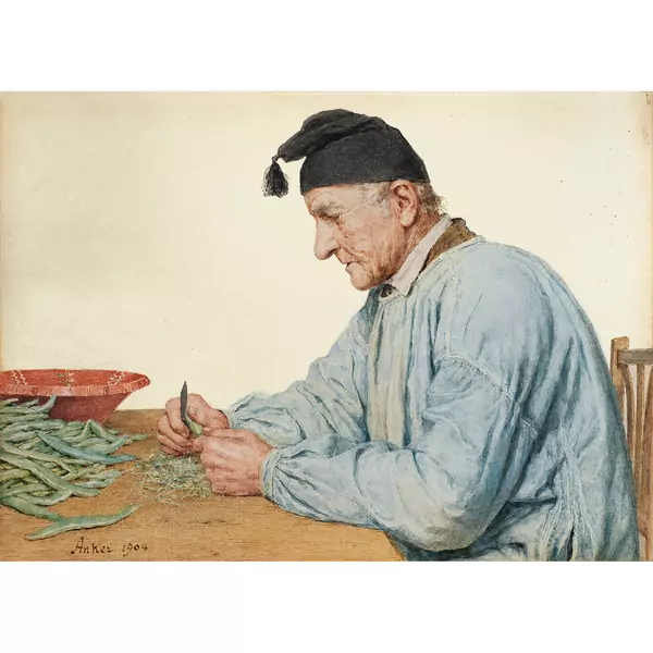 Albert Anker — Seeländer Bauer beim Bohnenrüsten — Galerie Kornfeld