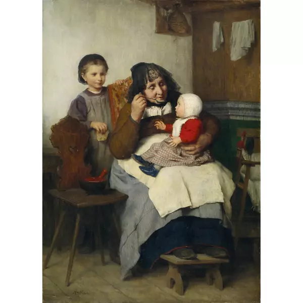 Albert Anker — Grossmutter, ihrem Enkelkind die Suppe gebend — Galerie Kornfeld