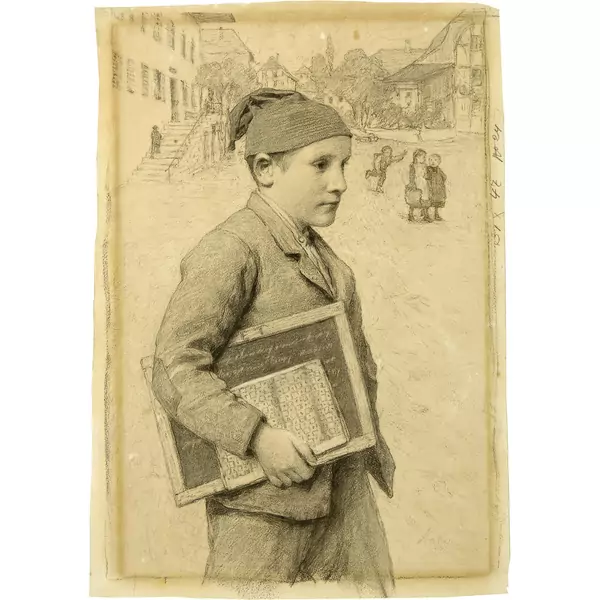 Albert Anker — Schuljunge mit Schiefertafel — Galerie Kornfeld