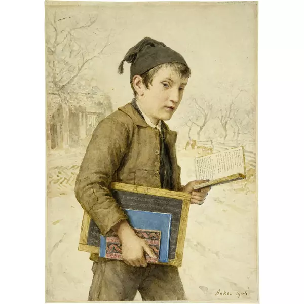 Albert Anker — Schuljunge in Winterlandschaft — Galerie Kornfeld