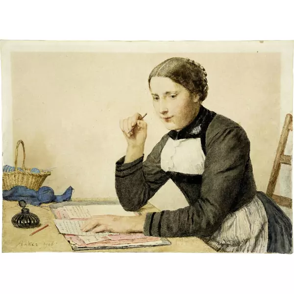 Albert Anker — Junge Frau einen Brief schreibend — Galerie Kornfeld