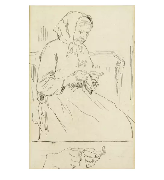 Albert Anker — Strickende Bäuerin und Handstudien / Lesende Bäuerin, (rückseitig) — Galerie Kornfeld