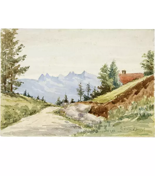 Albert Anker — Feldstrasse mit Blick auf die Berner Alpen (recto) - Kathedrale St. Pierre in Genf (verso) — Galerie Kornfeld
