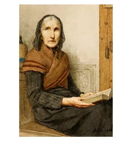 Albert Anker — Lesende Grossmutter am Ofen — Galerie Kornfeld