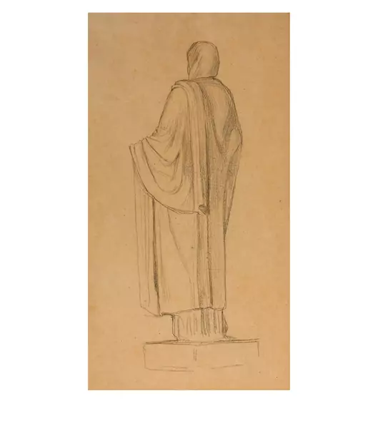 Albert Anker — Studie einer Figur mit Umhang auf Sockel — Galerie Kornfeld