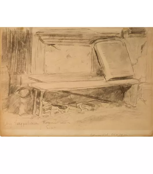 Albert Anker — Holzbank vor Haus mit Milchbränte (recto) - Studie zu Mädchen- und Knabenkopf sowie zu Händen (verso) — Galerie Kornfeld