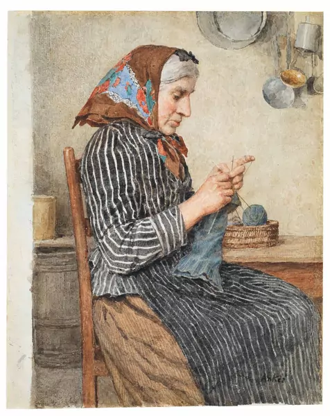 Albert Anker — Eine Bäuerin aus Ins beim Stricken in der Küche — Galerie Kornfeld