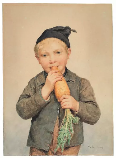 Albert Anker — Knabe mit grossem Rüebli — Galerie Kornfeld