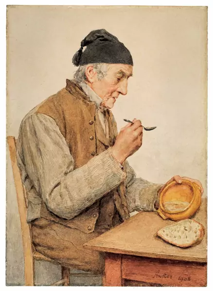Albert Anker — Alter Mann eine Suppe löffelnd — Galerie Kornfeld