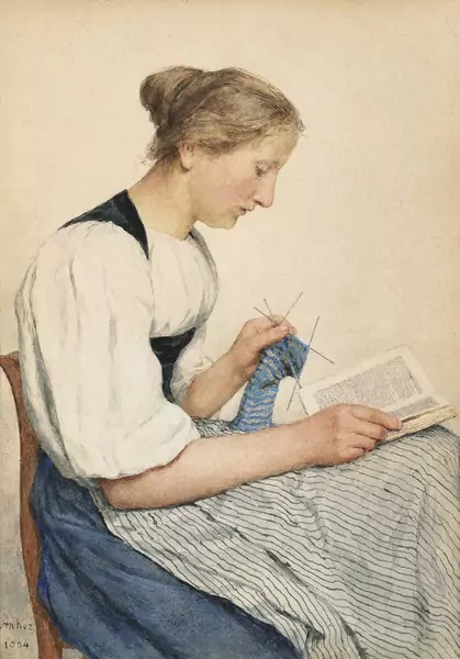 Albert Anker — Junge Bernerin, sitzend, im Profil nach rechts, in der rechten Hand ein Buch haltend, in der linken Hand ein Strickzeug — Galerie Kornfeld