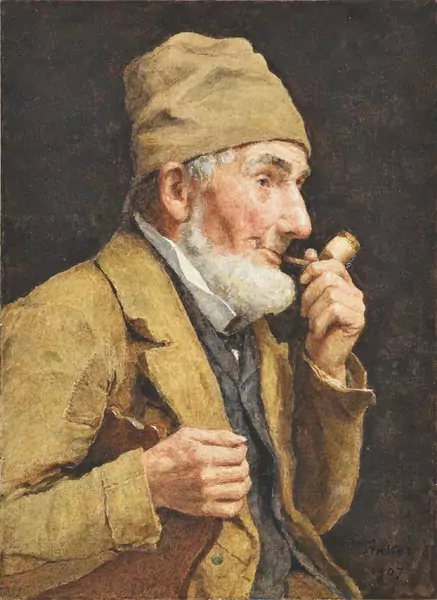 Albert Anker — Alter Bauer, eine Tonpfeife rauchend — Galerie Kornfeld